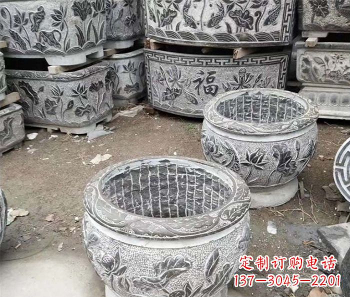 辽宁仿古荷花石浮雕水缸塑像