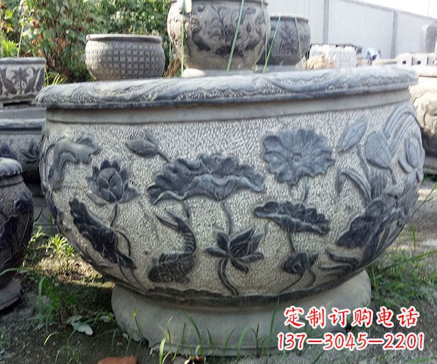 辽宁中领雕塑仿古荷花石浮雕水缸