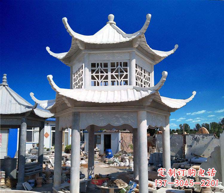 辽宁公园大理石六角石雕双层凉亭