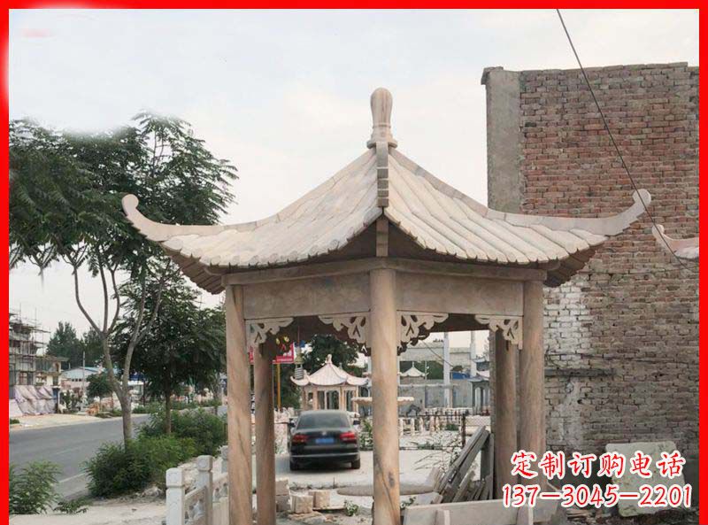 辽宁公园晚霞红六角石凉亭雕塑