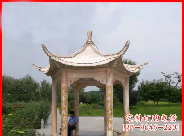 辽宁晚霞红六角石凉亭雕塑