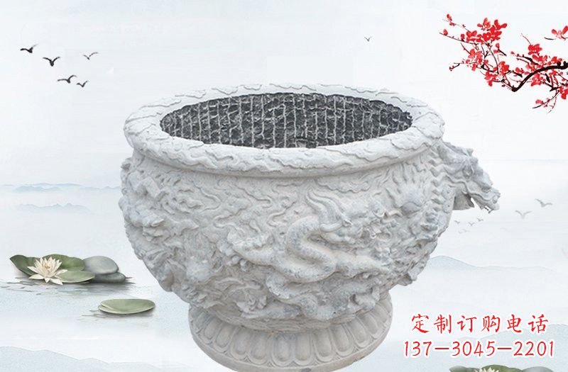 辽宁汉白玉龙浮雕水缸,传承传统经典