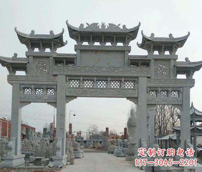辽宁三门牌坊石雕,精美汉风石雕装饰景区