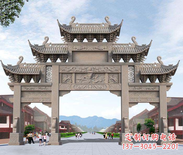 辽宁景区三门石雕牌楼——精美雕塑定制