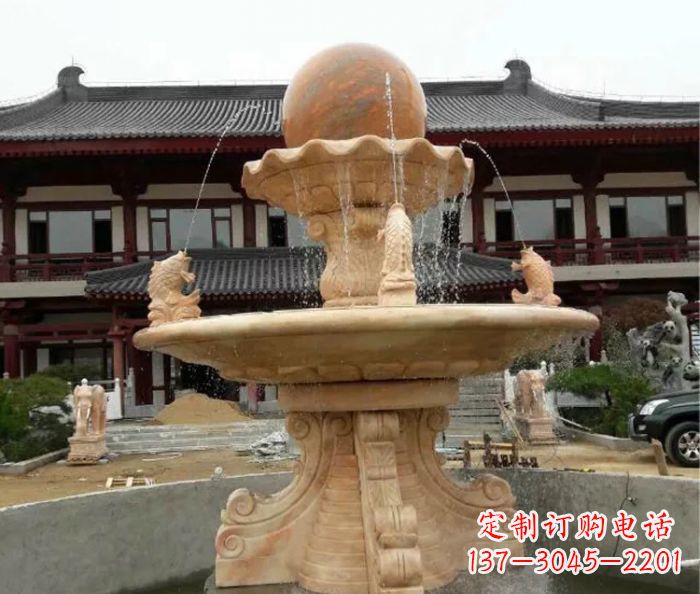 辽宁双层风水球喷泉晚霞红石雕