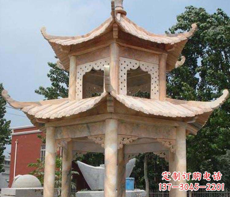 辽宁双层晚霞红凉亭石雕