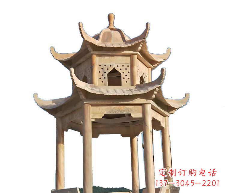辽宁双层晚霞红凉亭石雕 (2)