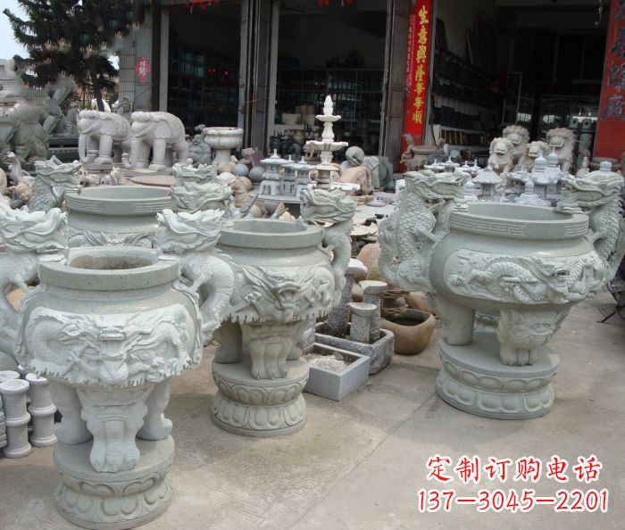 辽宁寺庙景观龙头石雕水缸