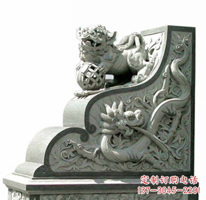 辽宁寺庙景观玩绣球狮子石雕门墩