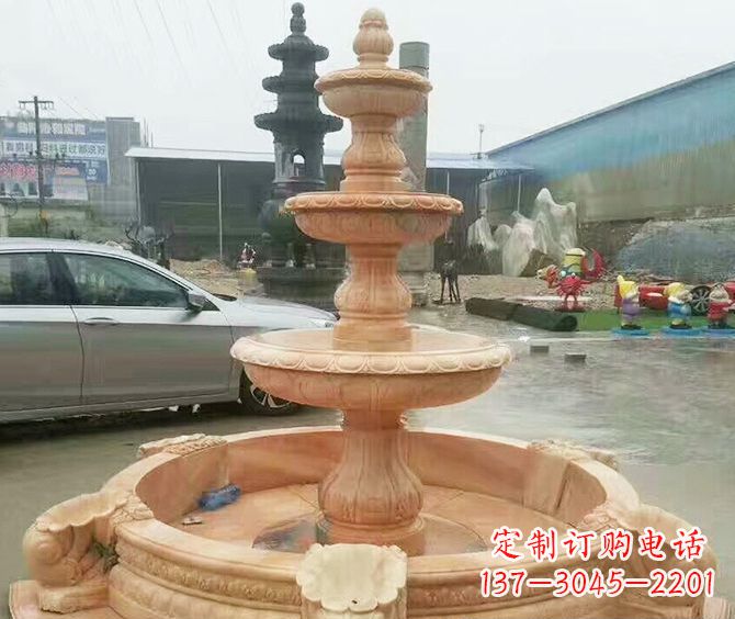 辽宁晚霞红多层大型石雕喷泉 (3)