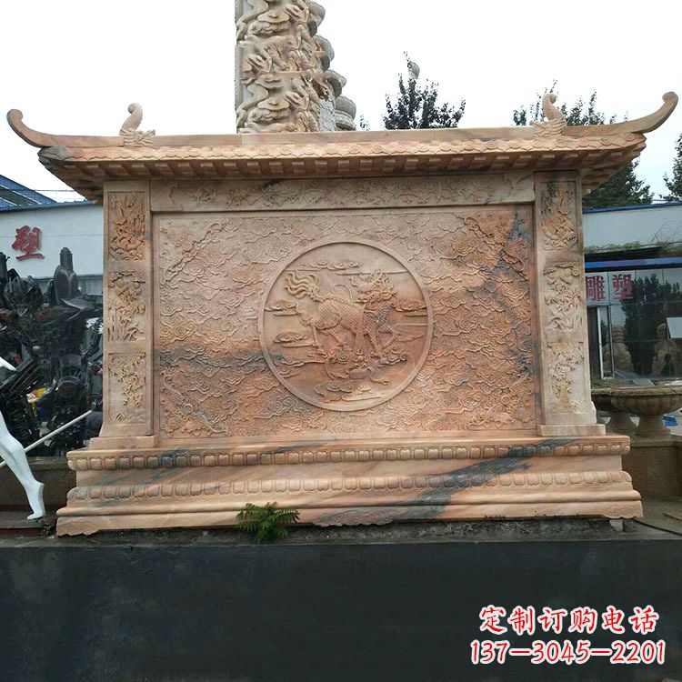 辽宁晚霞红麒麟影壁墙石雕