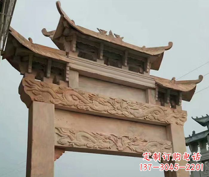 辽宁晚霞红石雕单门牌坊