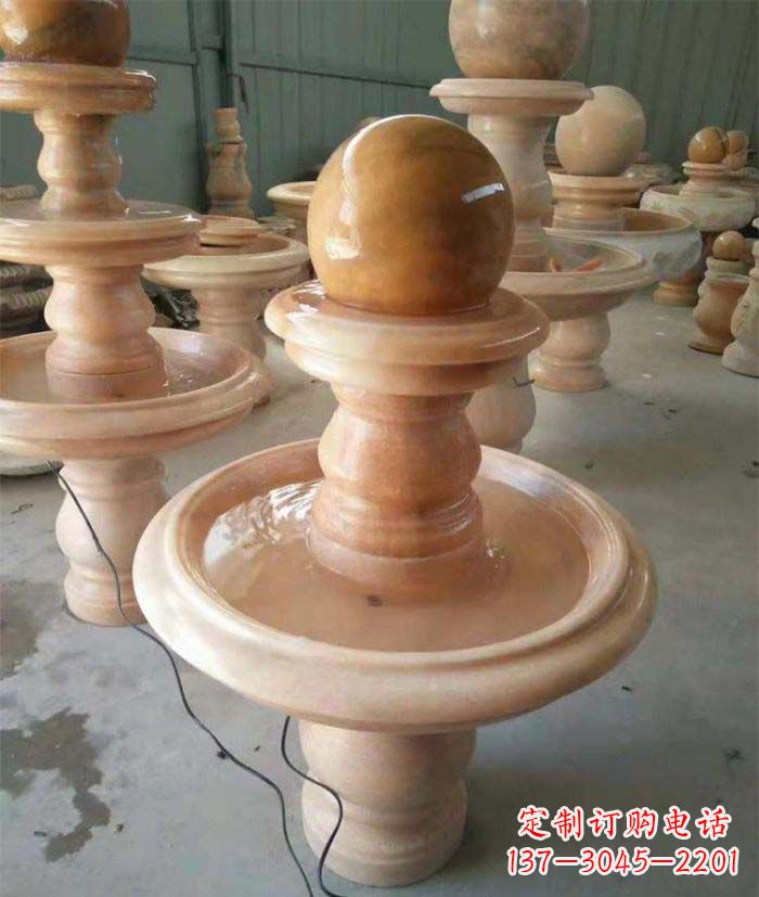 辽宁晚霞红双层风水球别墅喷泉石雕