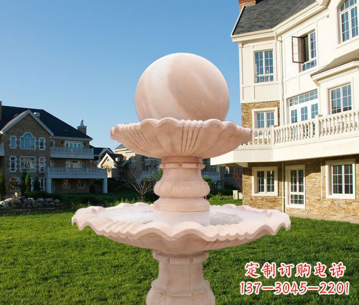 辽宁晚霞红双层风水球公园喷泉石雕