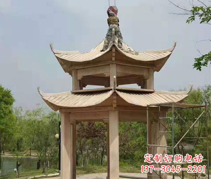辽宁晚霞红双层凉亭石雕 (2)
