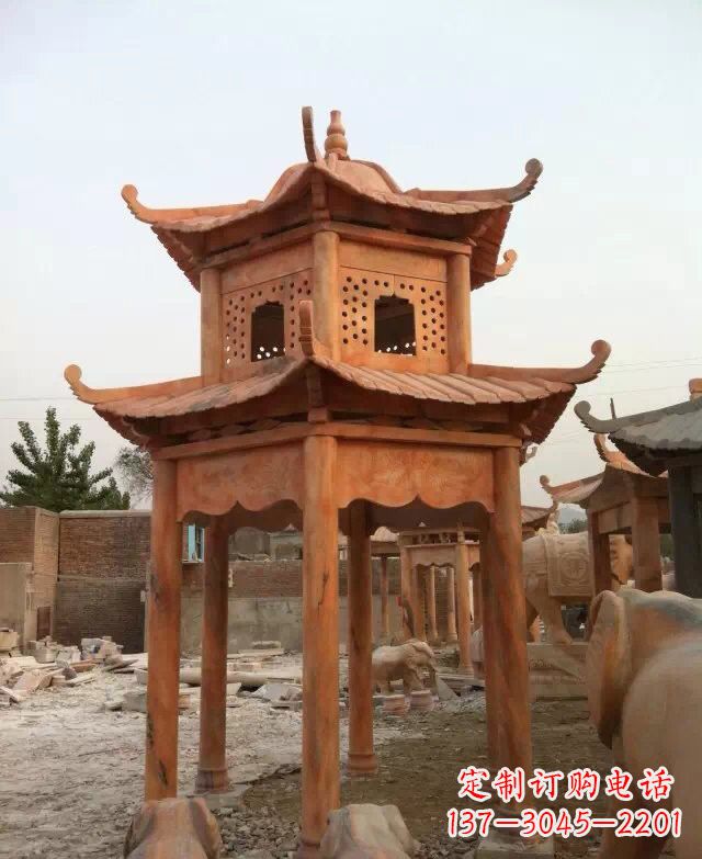 辽宁晚霞红双层凉亭石雕