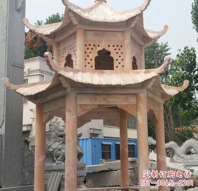 辽宁晚霞红双层六角凉亭石雕 (2)