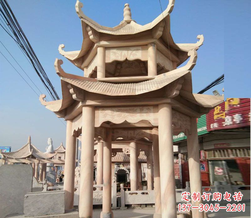 辽宁晚霞红双层六角凉亭石雕 (3)
