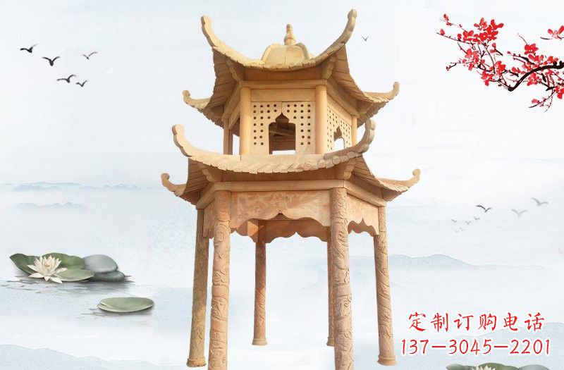 辽宁晚霞红双层六角凉亭石雕