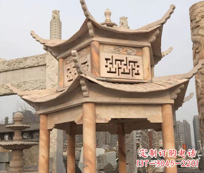 辽宁晚霞红双层石雕凉亭