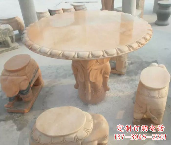 辽宁晚霞红小象桌凳别墅石雕 (2)