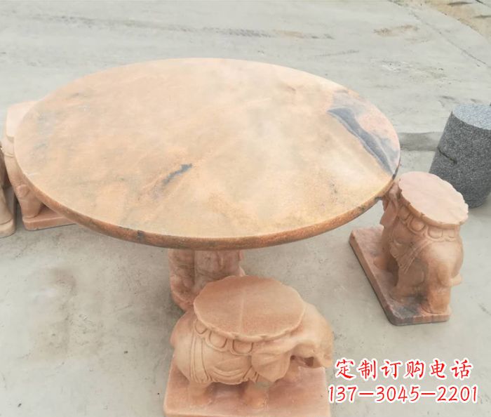 辽宁晚霞红小象桌凳别墅石雕 (4)