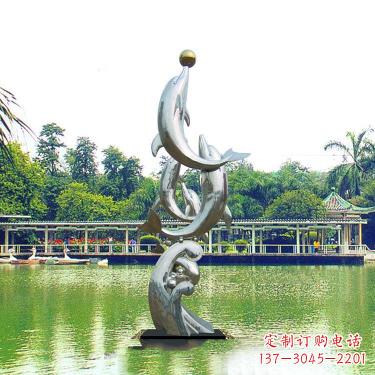 辽宁戏球不锈钢海豚雕塑-园林水景动物景观