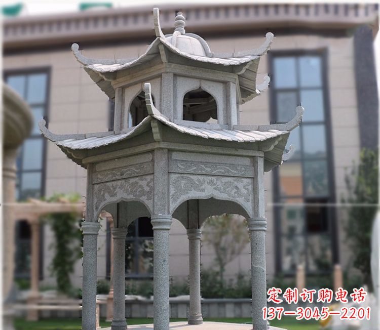辽宁小区大理石六角石雕双层凉亭
