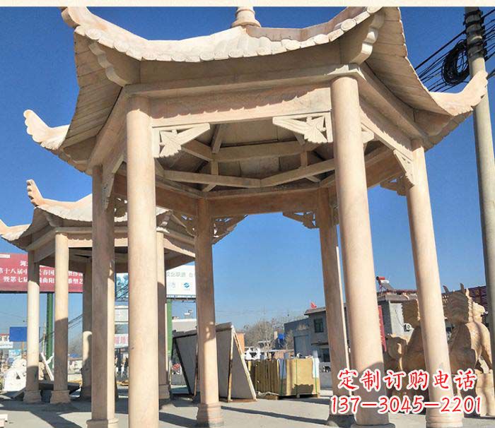 辽宁园林景观晚霞红六角石雕凉亭 (2)
