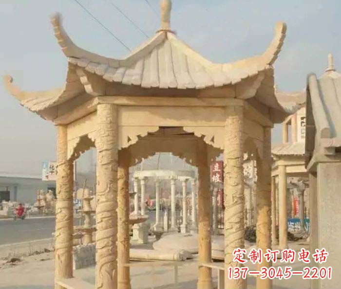 辽宁园林景观晚霞红六角石雕凉亭 (3)