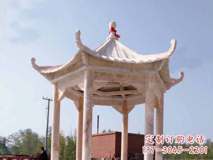 辽宁园林景观晚霞红六角石雕凉亭
