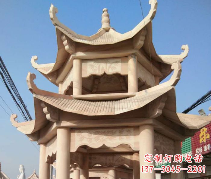 辽宁园林景观晚霞红双层石雕凉亭 (2)