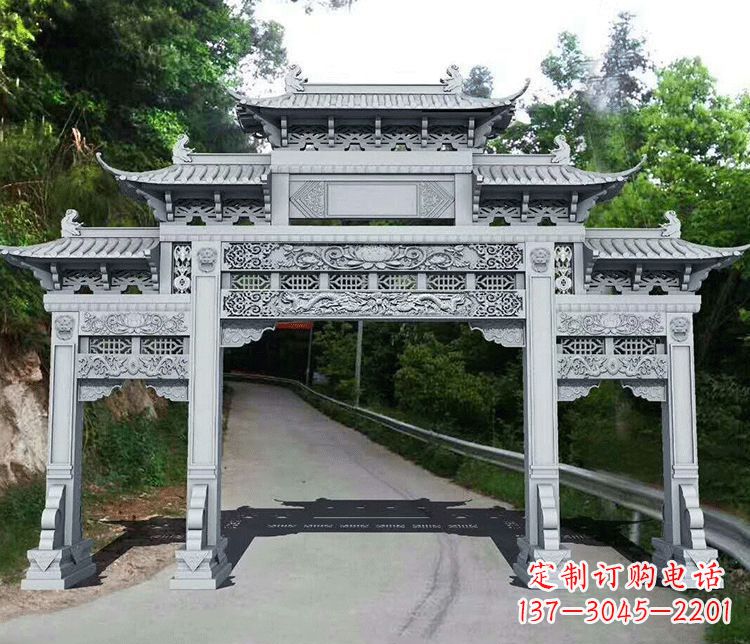 辽宁园林三门石牌坊景观石雕