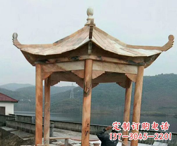 辽宁园林晚霞红单层石凉亭景观石雕