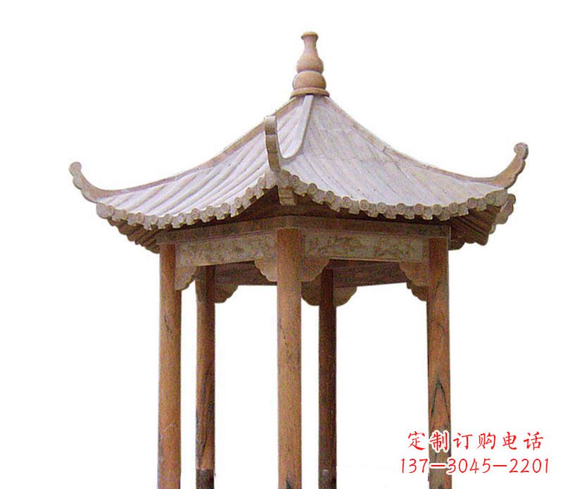 辽宁园林晚霞红六角石凉亭景观石雕 (2)
