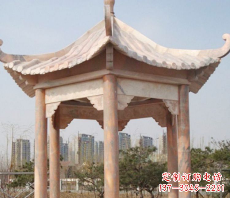 辽宁园林晚霞红六角石凉亭景观石雕