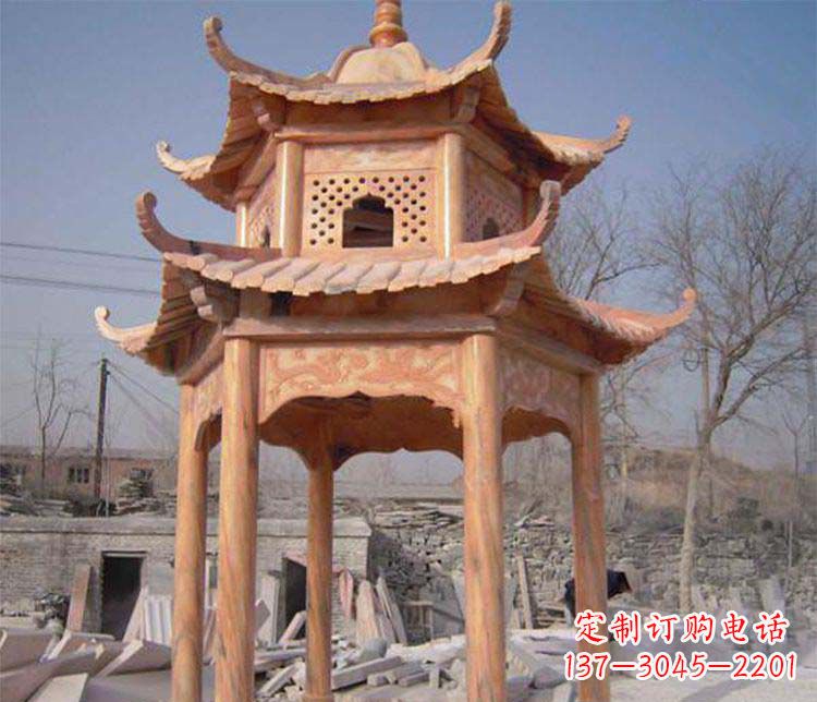 辽宁园林晚霞红石凉亭景观石雕
