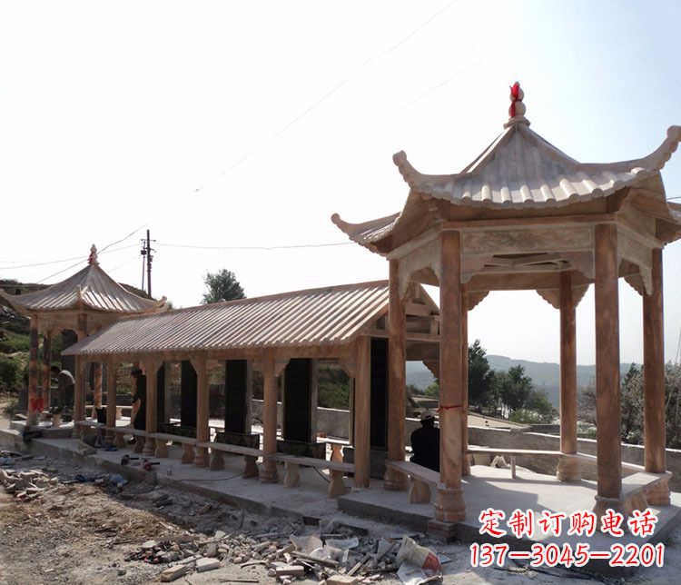 辽宁园林晚霞红长廊凉亭景观石雕