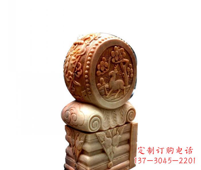 辽宁招财石门墩晚霞红抱鼓石